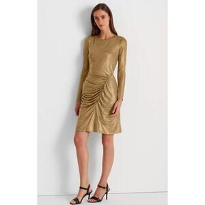 Lauren Ralph Lauren Long Sleeve Side Ruch gold  Foil Jersey Sheath Dress sz 10